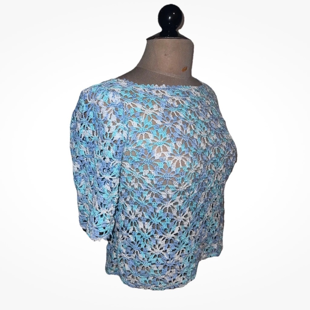 Vintage Handmade Crochet Crop Top Blue Pullover Boho Cottagecore Shabby Chic S/M